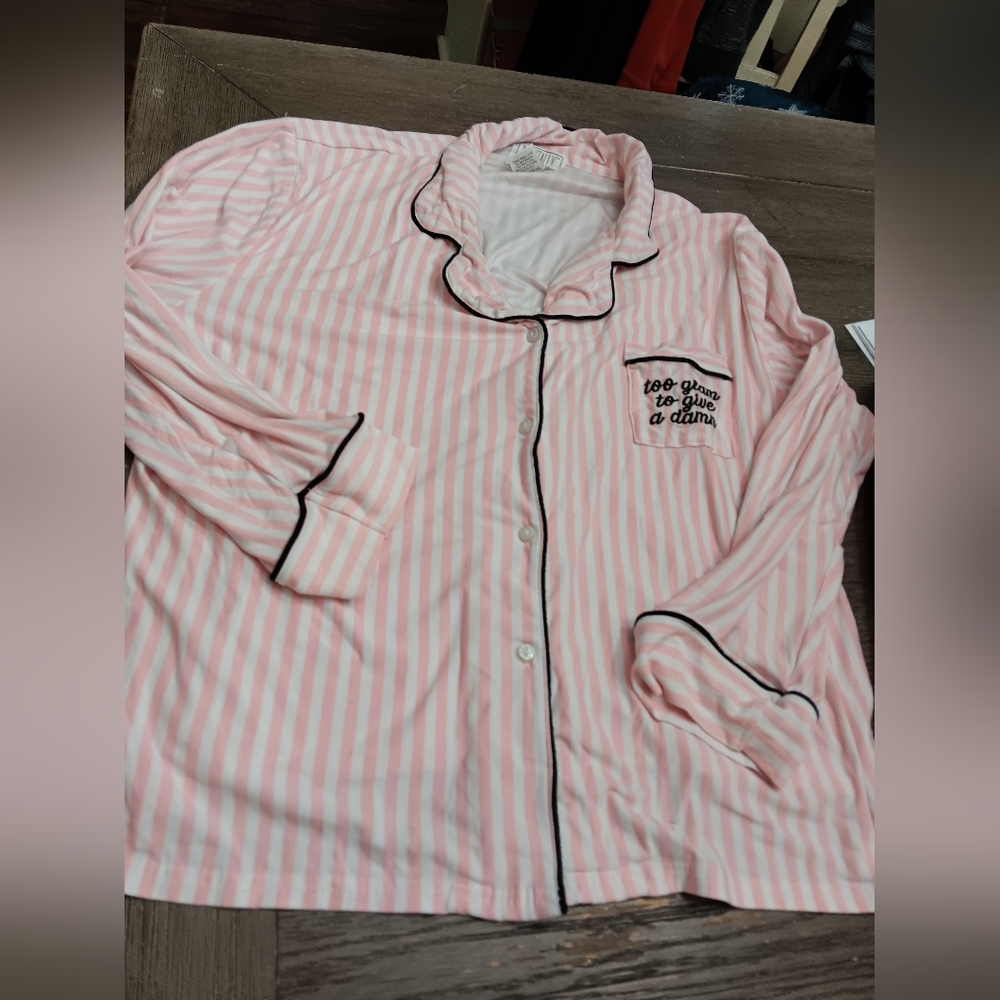 Womens Size Large, Mentally Exhausted Pink Striped Pajama Top